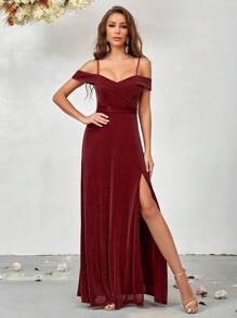 SHEIN Belle Váy cô dâu xẻ đùi lạnh vai - Cà phê nâu - Xem 6