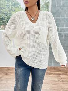 Flirla Plus Patched Pocket Drop Shoulder Sweater - White - View 1