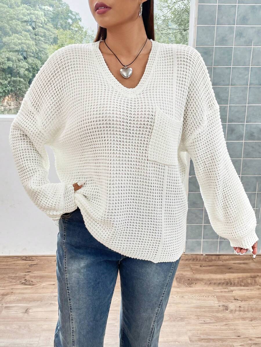Flirla Plus Patched Pocket Drop Shoulder Sweater - White - View 1