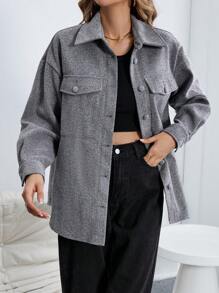 SHEIN Essnce 翻蓋口袋落肩袖花呢外套 - 灰色 - 查看 5