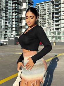 SHEIN SXY Scallop Trim Crop Sweater - Black - View 3