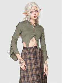 ROMWE Fairycore Chất rắn Thắt Mặt trước Mùa vụ áo có mũ Áo thun - xanh quân đội - Xem 7