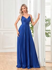 女士优雅高腰褶皱V领无袖金属银色针织长裙，宽松A字廓形，适合鸡尾酒会、婚礼、周年纪念、正式庆典、新娘送礼会、生日派对，以及作为新娘母亲的奢华高贵礼服（重工装饰） - 寶藍色 - 查看 7