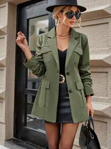 SHEIN Essnce Flap Pocket Single Breasted Blazer Without Belt - Army Green - View 4