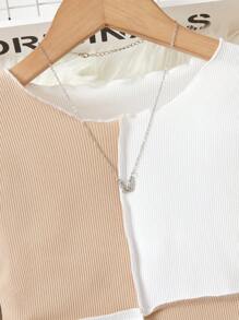 SHEIN Explorewe Tween Girl Two Tone Ribbed Tee & Flap Pocket Pants - Multicolor - View 4