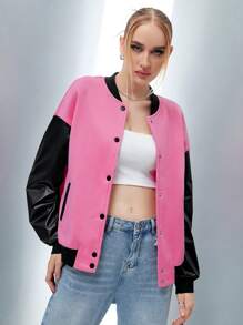 SHEIN Unity Letter Graphic Drop Shoulder Two Tone Bomber Jacket - Pink - View 5