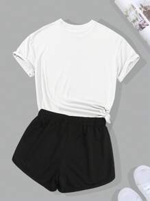 SHEIN EZwear Bộ thời trang Plus Size Dây kéo Lá thư Giải trí - Đen và trắng - Xem 2