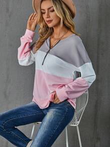 SHEIN LUNE Colorblock Half Zip Drop Shoulder Sweatshirt - Multicolor - View 5
