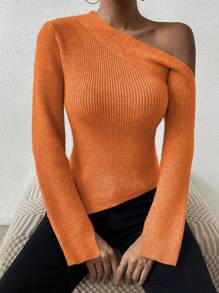 Chiquease Asymmetrical Neck Split Sleeve Sweater - Orange - View 5
