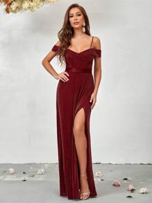 SHEIN Belle Váy cô dâu xẻ đùi lạnh vai - Cà phê nâu - Xem 5