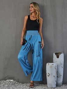 SHEIN LUNE 筆刷圖案闊腿褲 - 藍色 - 查看 5