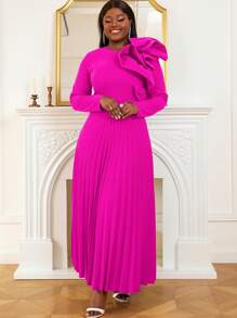 Plus Bow Front Pleated Hem Formal Dress - Hot Pink - View 5