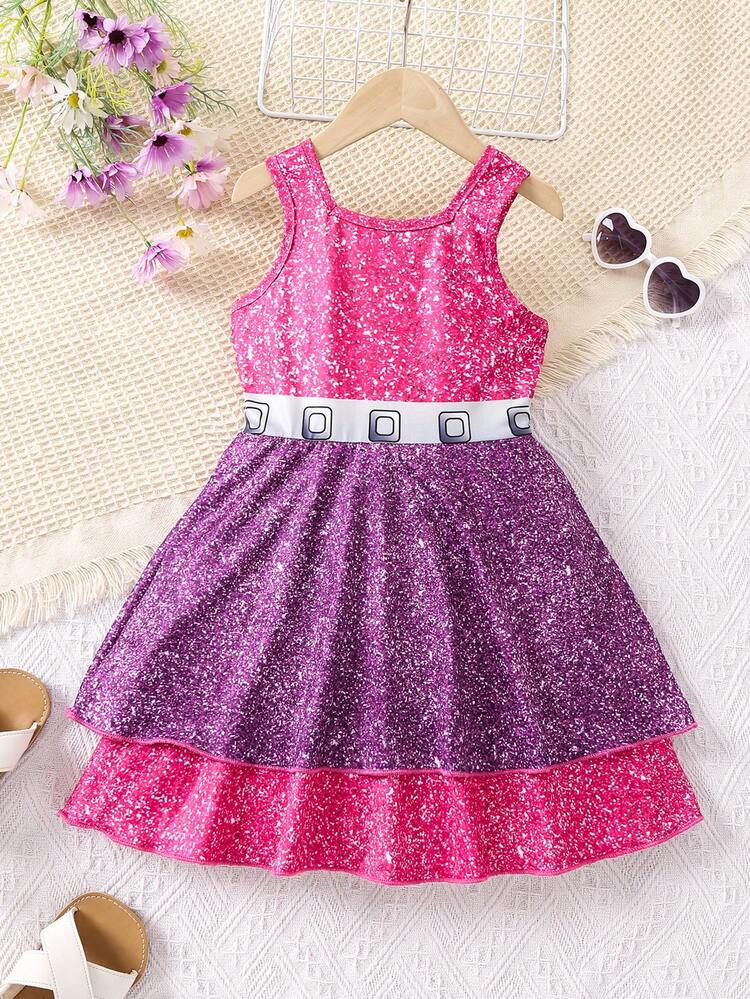 Young Girl Graphic Print Colorblock Two Layer Hem Dress