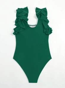 SHEIN Swim Phụ nữ một mảnh Xù Nếp gấp Phần Ngực màu trơn - Màu xanh lá cây đậm - Xem 3