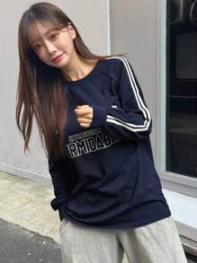 DAZY Camiseta Con Mangas Raglán Y Cinta De Contraste Con Gráficos De Letras - Azul Marino - Ver 5