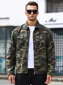 Manfinity LEGND 宽松男士长袖迷彩印花翻盖口袋牛仔夹克，秋季款 - 軍綠色 - 查看 6