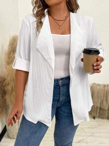 SHEIN LUNE Hơn Cổ áo thác nước Tay áo cuộn Mở Mặt trước áo - trắng - Xem 6