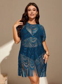 Swim Lushoire Plus Size Fringe Hem Hollow Out Cover Up Dress Summer - Blue - View 4