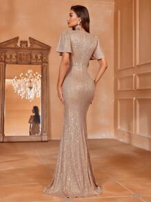 Elisanya 深 V 领美人鱼下摆亮片礼服优雅舞会晚会婚礼宾客礼服，适合毕业典礼、晚宴派对礼服 - 香檳色 - 查看 2