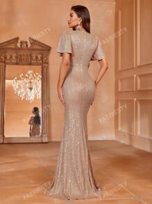 Faeriesty Faeriesty Women's Elegant Deep V-Neck Short-Sleeve Sequined Evening Gown With Twist Waist Detailing & Flared Mermaid Hemline – Perfect For Black-Tie Galas, Red-Carpet Events, Formal Weddings, Opera Nights, Charity Balls, And High-Society Dinners