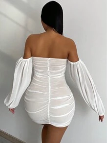 VaVaBold 秋冬装露肩百褶半身性感修身迷你连衣裙 - 白色 - 查看 7