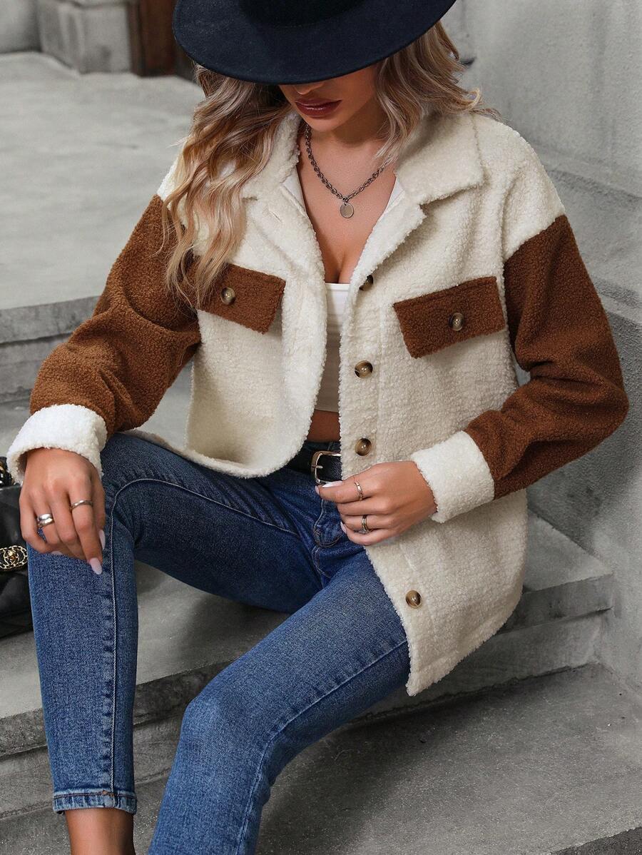 EMERY ROSE 雙色落肩袖翻蓋細節絨毛外套 - 杏色 - 查看 1