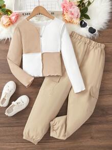 SHEIN Explorewe Tween Girl Two Tone Ribbed Tee & Flap Pocket Pants - Multicolor - View 3