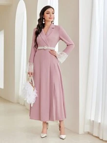 Modelyn Shawl Collar Contrast Lace Dress Without Belt - Dusty Pink - View 4