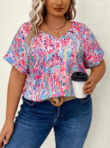 SHEIN LUNE Plus Allover Print Batwing Sleeve Tee - Multicolor - View 6