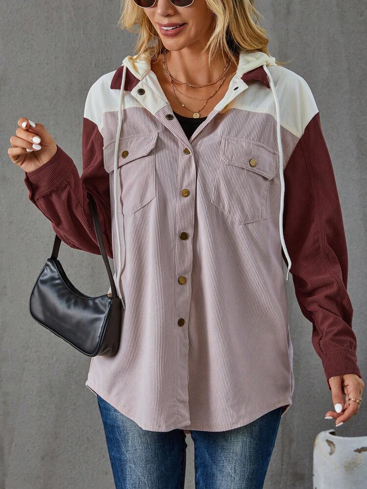 Colorblock Flap Pocket Drop Shoulder Drawstring Hooded Coat