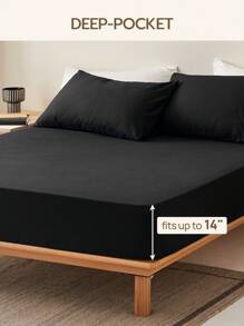 1pc Supersoft Plain Fitted Sheet, Lightweight Cloud-Like Feel Bedding,14inch/35cm Deep Pocket, For All Size Bed -Twin, Full, King, Queen Size Sheet - Black - View 5