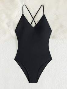 Solid Criss Cross One Piece Swimsuit - Black - View 3