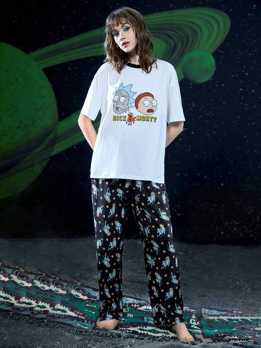 Rick and Morty X SHEIN Cartoon Graphic Drop Shoulder Tee & Pants PJ Set - Multicolor - View 1