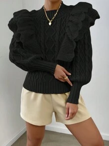 RosyDaze Ruffle Trim Cable Knit Ruffle Trim Lantern Sleeve Knit Pullover Fall Winter Sweater - Black - View 4