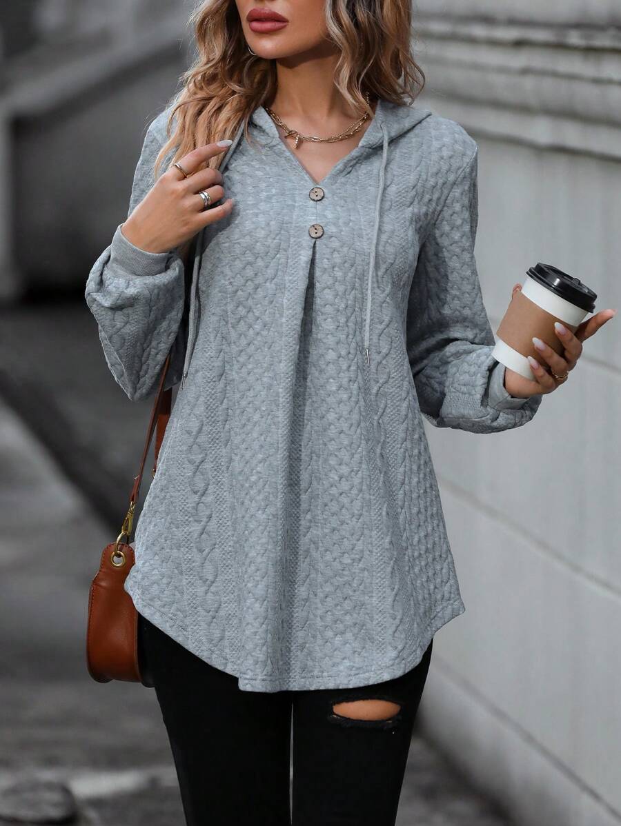 SHEIN LUNE Half Button Drawstring Hoodie Graduation,Back To School Outfits,Graduation,Teacher Outfits For Women,Back To School Pullover Fall Outfit