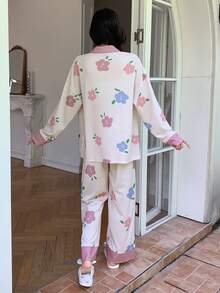 DAZY Floral Print Contrast Trim Drop Shoulder PJ Set - Dusty Pink - View 2