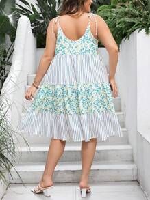 Sunnyshic Plus Striped & Ditsy Floral Print Ruffle Hem Cami Dress