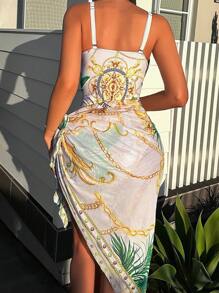 SHEIN Swim 錬條圖案聚攏連身泳裝附沙灘裙 - 彩色 - 查看 2