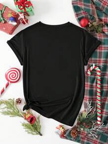 SHEIN EZwear Christmas Gnomes Print Tee - Black - View 2