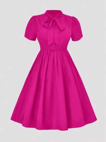 SHEIN Clasi Plus Tie Neck Puff Sleeve Flare Hem Dress - Hot Pink - View 4