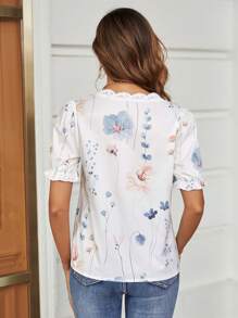 SHEIN Clasi 印花鏤空蕾絲花邊泡泡袖襯衫 - 白色 - 查看 2