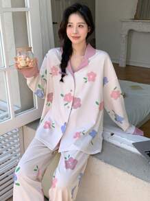DAZY Floral Print Contrast Trim Drop Shoulder PJ Set - Dusty Pink - View 1