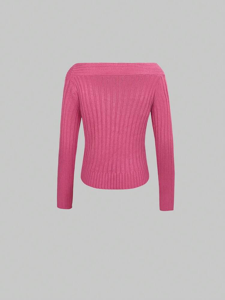 Solid Boat Neck Ribbed Knit Pullover Fall Winter Sweater