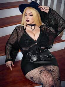 Flirla Talla grande Cárdigan crop con cordón delantero - Negro - Ver 6