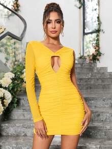 PARTHEA Vestido ajustado de manga asimétrica con abertura fruncido de malla