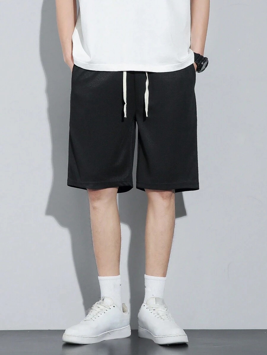 男士腰部抽繩斜口袋短褲 - 黑色 - 查看 1
