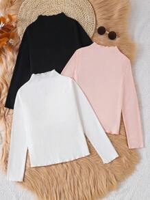 Genkimix Kids Tween Girl 3pcs Mock Neck Lettuce Trim Ribbed Knit Tee - Multicolor - View 2