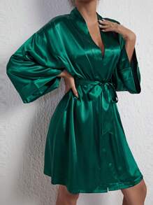 Bata de satén con cinturón y hombros caídos, lujosa ropa de estar en casa, cálida y elegante, para otoño e invierno - Verde Oscuro - Ver 3