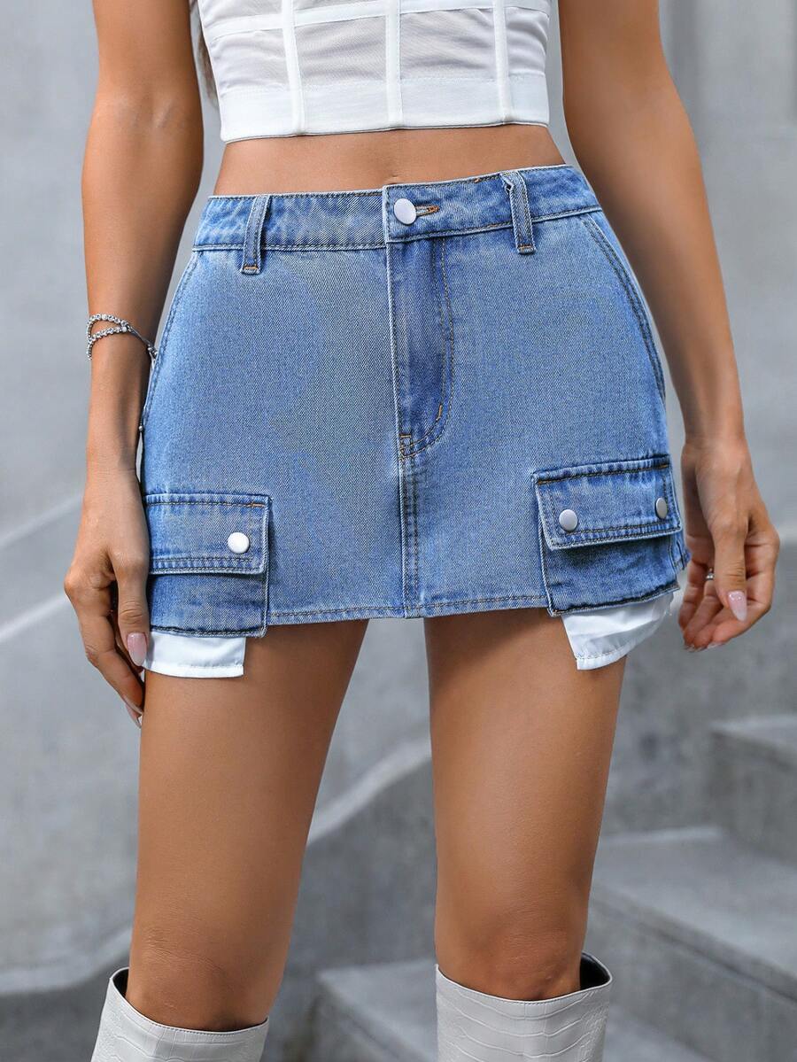 SHEIN Privé Flap Pocket Denim Skirt - Medium Wash - View 1
