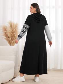 Mulvari 大碼幾何印花撞色抽繩連帽衛衣裙 - 彩色 - 查看 2